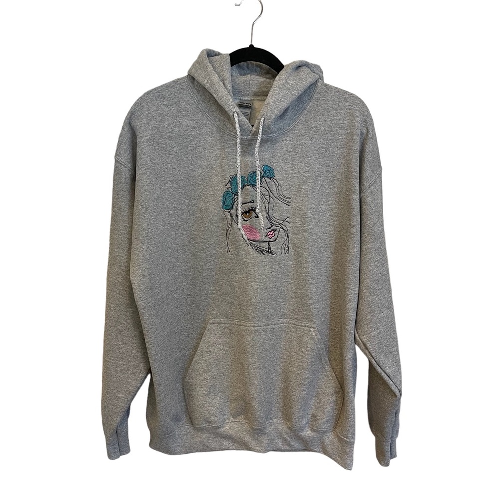 New L heavy Gildan hooded embroidered hoodie funky brown eyed girl blue roses